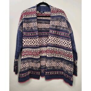 Chaps Womans Large Open Cardigan Blue Southwest Western Boho Geometric Print